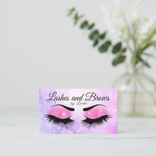 まつげと眉 – 紫とピンクのグリッター 名刺 (スタンド正面)