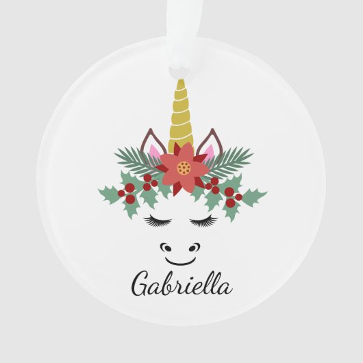 まつげのオーナメントが付いているクリスマスのユニコーンの顔 オーナメント (正面)