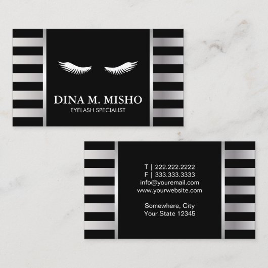 まつげのメーキャップアーティストのモダンな銀は縞で飾ります 名刺 (正面/裏面)