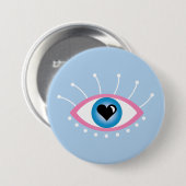 まつげピンク色の青を持つギリシャの邪悪な目 缶バッジ (正面&裏面)
