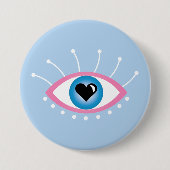まつげピンク色の青を持つギリシャの邪悪な目 缶バッジ (正面)