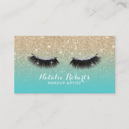 まつげメイクアップアーティストティール（緑がかった色）&金ゴールドグリッター 名刺 (正面)