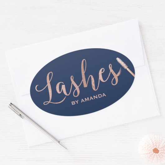 まつげメイクアップアーティストバラ金ゴールドスクリプトNavy 楕円形シール (封筒)