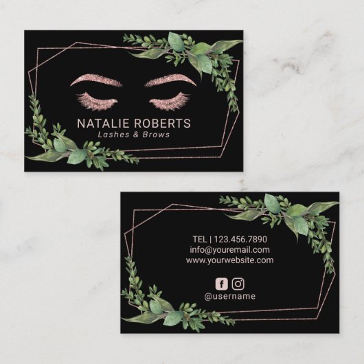 まつげメイクアップアーティストバラ金ゴールド幾何学緑 名刺 (正面/裏面)