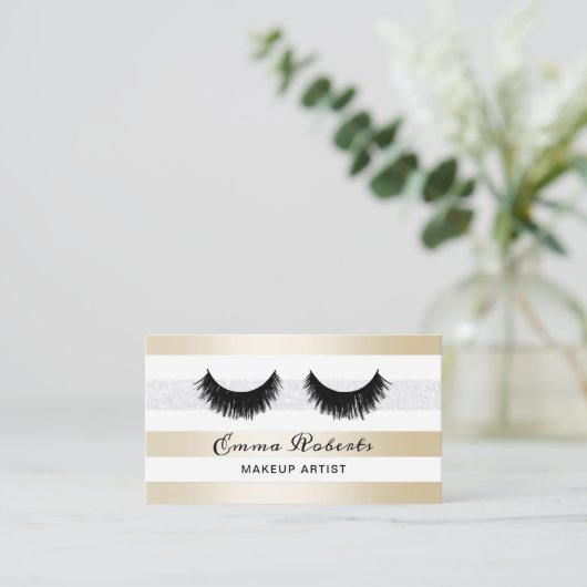 まつげメイクアップアーティストモダン金ゴールド&シルバーストライプズ 名刺 (スタンド正面)