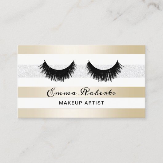 まつげメイクアップアーティストモダン金ゴールド&シルバーストライプズ 名刺 (正面)