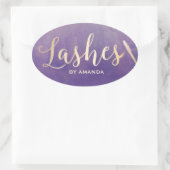 まつげメイクアップアーティスト金ゴールドスクリプトエレガント紫 楕円形シール (バッグ)