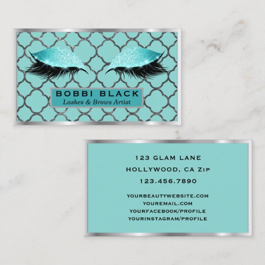 まつげ延長グリッターの化粧のティール(緑がかった色)の銀 名刺 (正面/裏面)