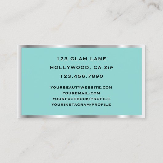 まつげ延長グリッターの化粧のティール(緑がかった色)の銀 名刺 (裏面)