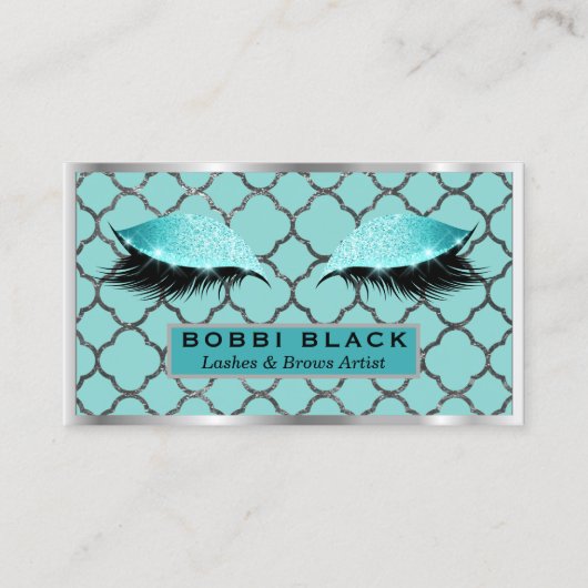 まつげ延長グリッターの化粧のティール（緑がかった色）の銀 名刺 (正面)