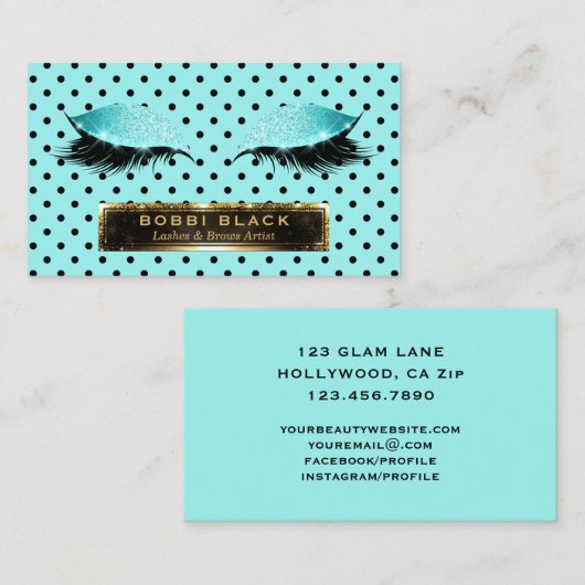 まつげ延長ティール(緑がかった色)の黒の水玉模様の化粧 名刺 (正面/裏面)