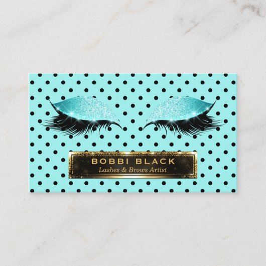 まつげ延長ティール(緑がかった色)の黒の水玉模様の化粧 名刺 (正面)