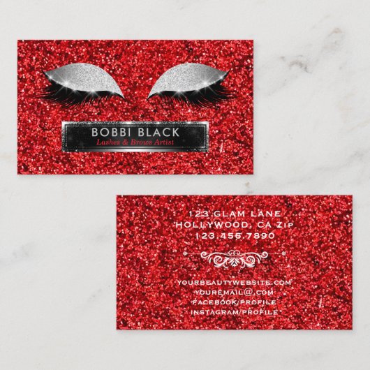 まつげ延長赤い銀製のグリッターの魅力の化粧 名刺 (正面/裏面)