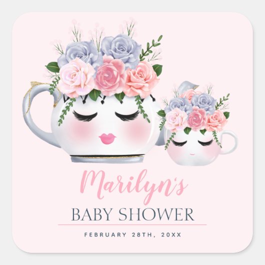 まつげ恋しく思ティーポット母ベビーフローラ赤ちゃんシャワー スクエアシール (正面)