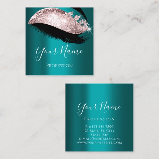 まつげ拡張メイクアップアーティストティール(緑がかった色)バラ スクエア名刺 (正面/裏面)