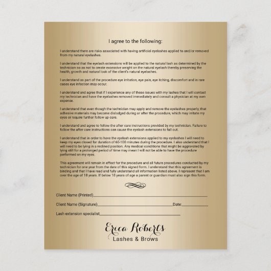 まつ毛エクステンション紫および金ゴールド責任放棄 チラシ (裏面)