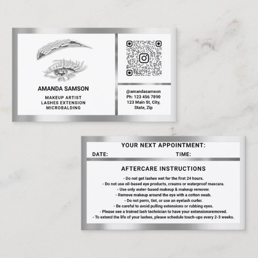 まつ毛マイクロブレードQRCODEアフターケアシルバーホワイト 名刺 (正面/裏面)