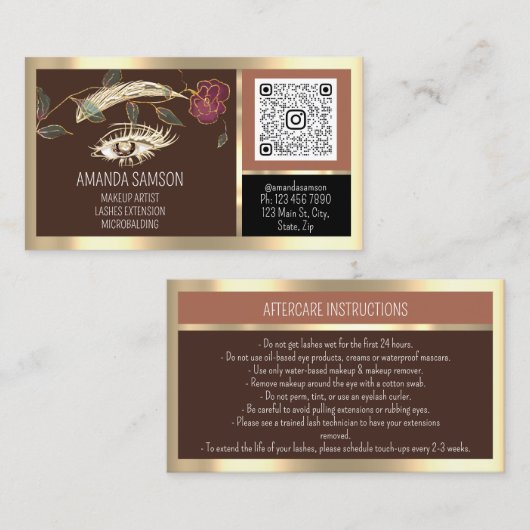 まつ毛マイクロブレードQRCODEアフターケアブラウンバラ 名刺 (正面/裏面)
