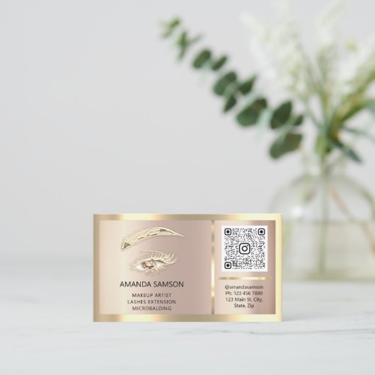 まつ毛マイクロブレードQRCODEアフターケアローズゴールドフレーム 名刺 (スタンド正面)