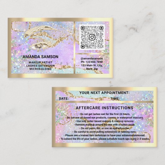 まつ毛マイクロブレードQRCODEアフターケア金ゴールドホログラフ 名刺 (正面/裏面)