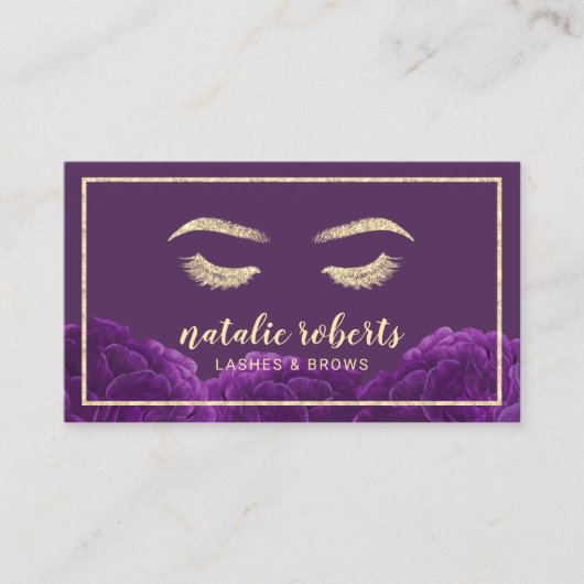 まつ毛メイクアップアーティスト金ゴールドフレームパープルフローラ 名刺 (正面)