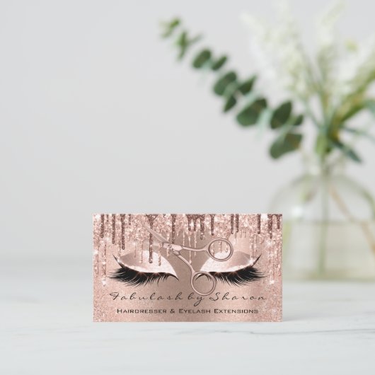 まつ毛美容師スタイリストはさみバラグリッター 名刺 (スタンド正面)