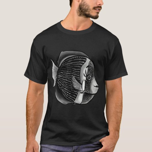 まつ毛黒白デジタルインク付き魚 Tシャツ (正面)