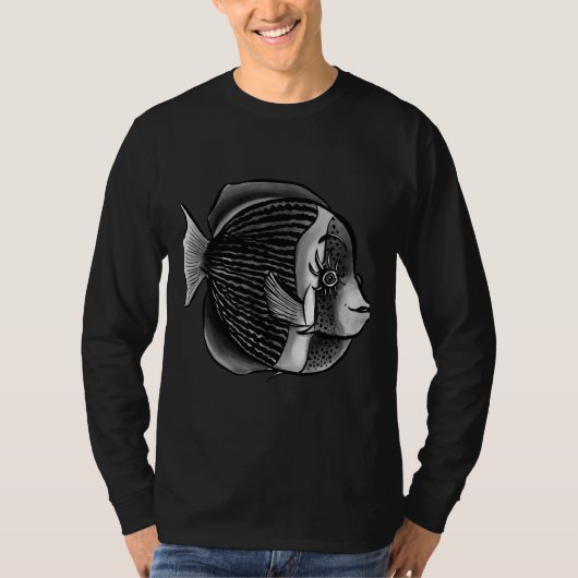まつ毛黒白デジタルインク付き魚 Tシャツ (正面)