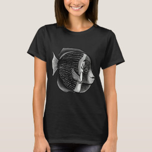 まつ毛黒白デジタルインク付き魚 Tシャツ