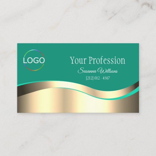 まともな暗いティール(緑がかった色)波状金ゴールドデコールとロゴQRコード 名刺 (正面)