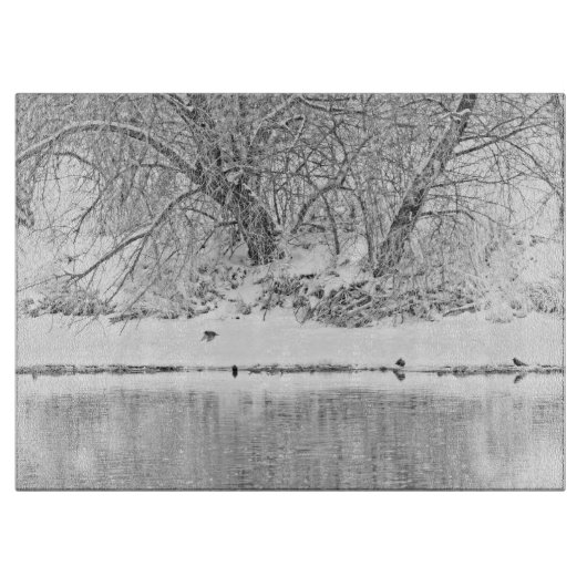 まな板のガラス西部の冬の木の川 カッティングボード (正面)