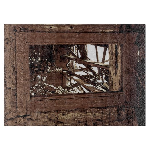 まな板のガラス西部の素朴な納屋の窓 カッティングボード (正面)