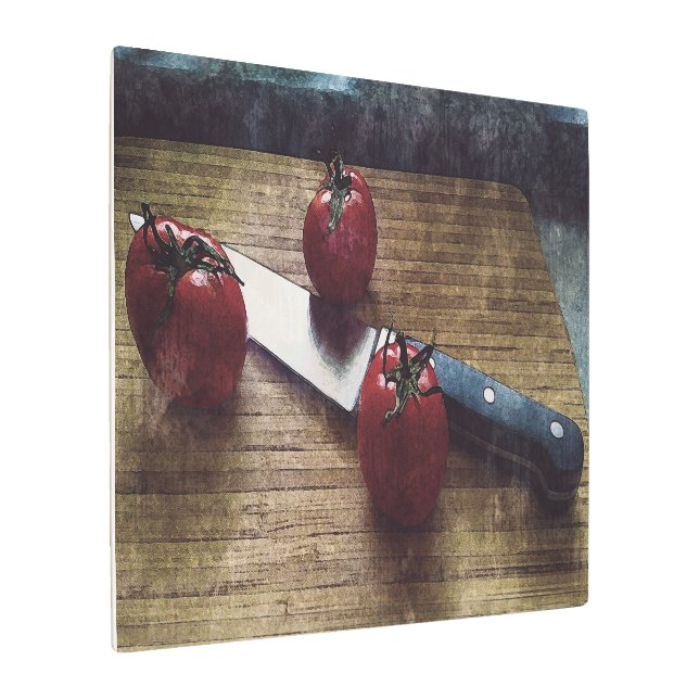 まな板の上に赤いトマトが3個 メタルプリント (アングル)
