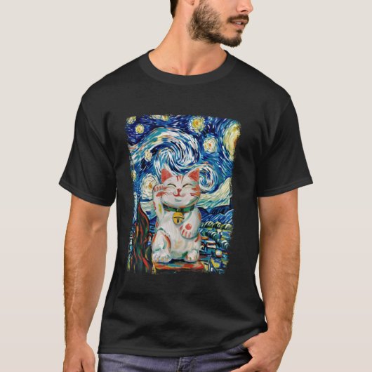 まねきねこ 日本の猫 幸運 星空の夜 ペイント Tシャツ (正面)