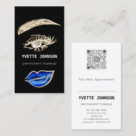 まばたき眉メイクアップロゴQRコードリップブラックブルー 名刺 (正面/裏面)