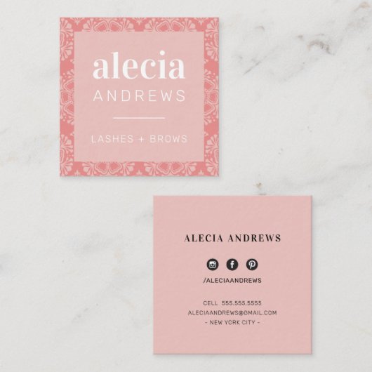 まばたき&まばゆきヴィンテージエレガント赤面ピンク スクエア名刺 (正面/裏面)