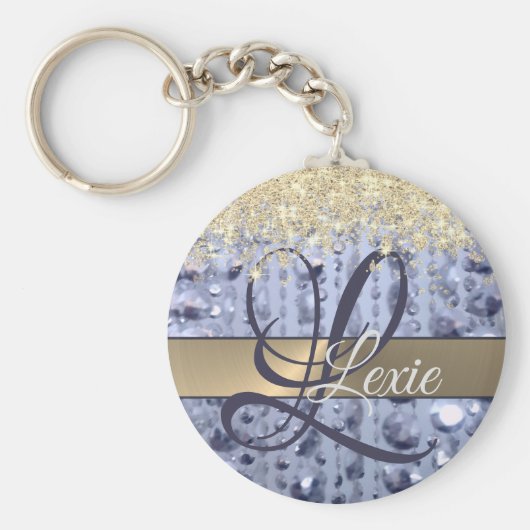 まばゆいキラキラ青いビーズモノグラム キーホルダー (正面)