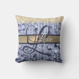 まばゆいキラキラ青いビーズモノグラム クッション