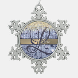 まばゆいキラキラ青いビーズモノグラム スノーフレークピューターオーナメント