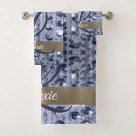 まばゆいキラキラ青いビーズモノグラム バスタオルセット