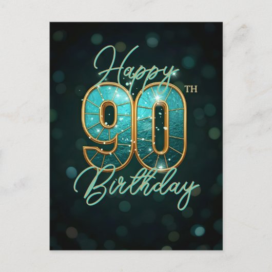 まばゆいティール（緑がかった色）金ゴールド90誕生日マイルストーン ポストカード (正面)