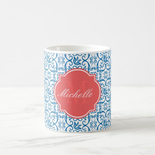 まばゆいブルーダマスクモノグラムマグ コーヒーマグカップ (中央)
