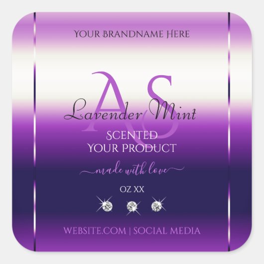 まばゆい紫色の製品ラベルダイヤモンドモノグラム スクエアシール (正面)