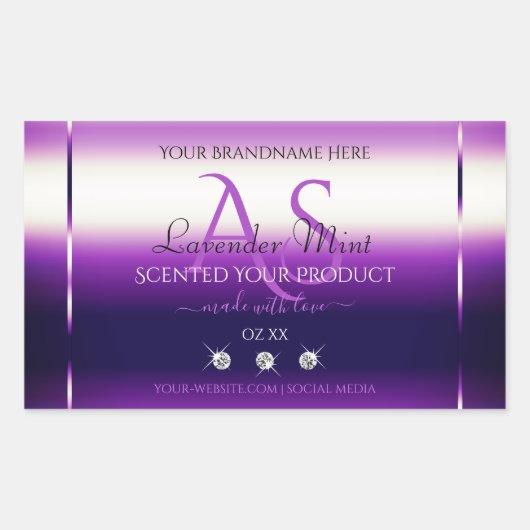 まばゆい紫色の製品ラベルダイヤモンドモノグラム 長方形シール (正面)