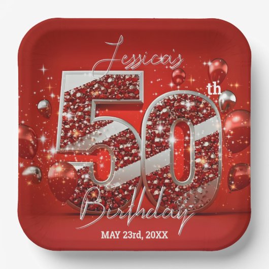 まばゆい赤と銀のキラキラ50誕生日 ペーパープレート (正面)