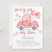 まもなく到着かわいいピンクのテディベア小さなドライバー 招待状 (正面)