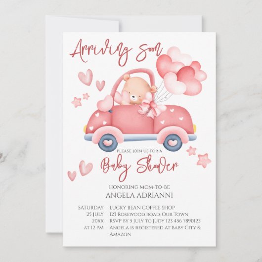 まもなく到着かわいいピンクのテディベア小さなドライバー 招待状 (正面)