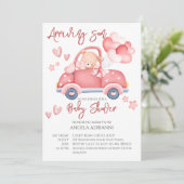 まもなく到着かわいいピンクのテディベア小さなドライバー 招待状 (スタンド正面)