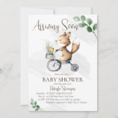 まもなく到着する小さなキツネ乗り自転車の赤ちゃんシャワー 招待状 (正面)