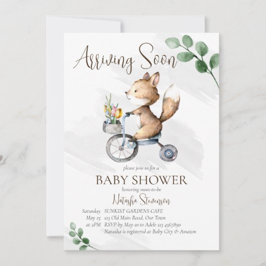 まもなく到着する小さなキツネ乗り自転車の赤ちゃんシャワー 招待状 (正面)